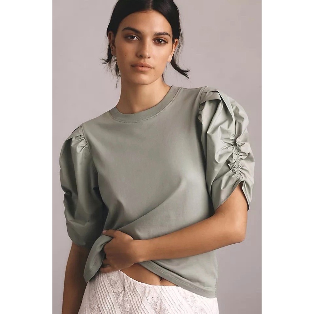 FRAME Green Pleated Puff Sleeve Ruched Knit Organic Cotton T-Shirt Medium Preppy